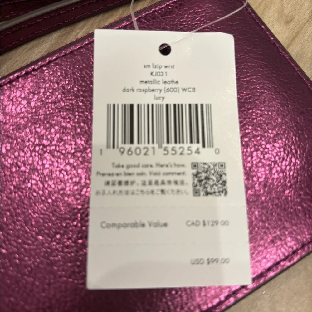 NWT Kate Spade Lucy Metallic Small L-Zip Wristlet in dark raspberry